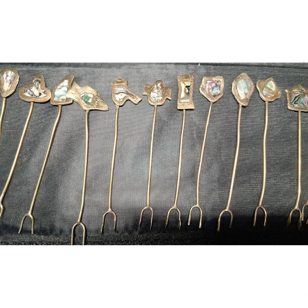 22 Vintage Mexican Alpaca Silver Cocktail Forks/Picks with Abalone Inlay